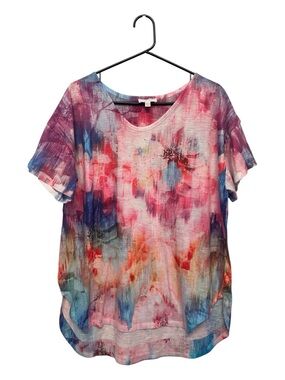 Modern Era Concepts Relaxed Watercolor & Rhinestone Scoop Neck Blouse Large